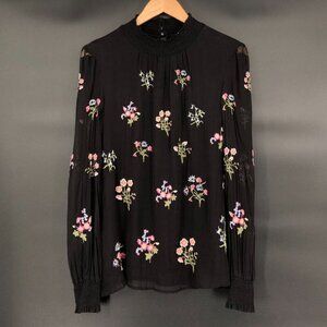 Sundance Women Fleur Flare Floral Embroidered Blouse M Black Professional Church